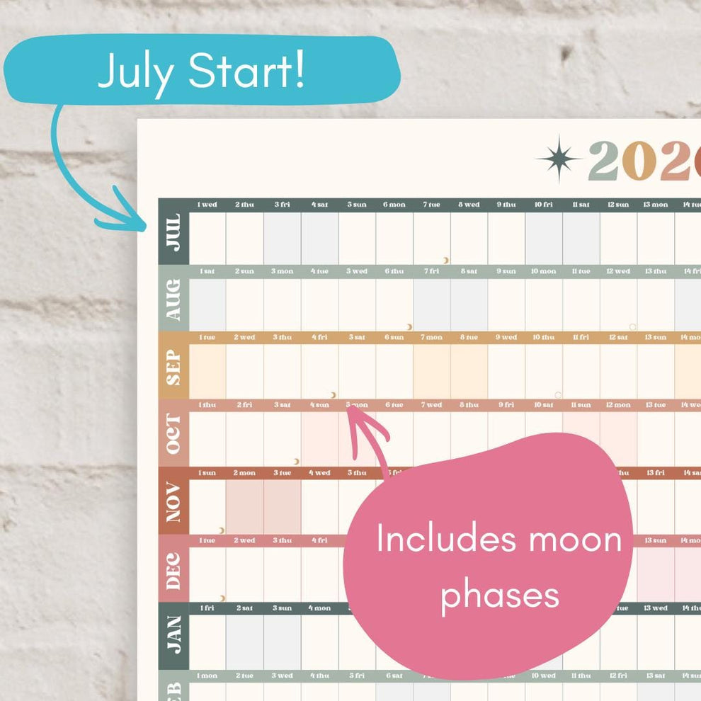 Boho Earth Tones Mid Year Calendar 2025–2026 – Academic Wall Planner – July Start – School Year Calendar – Aesthetic Dorm or Office Decor