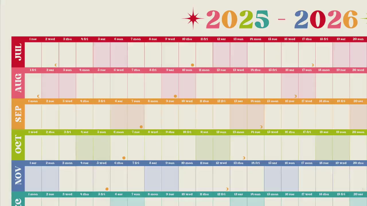 Colorful Mid Year Calendar – 2025–2026 Academic Wall Planner – Retro Brights – Aesthetic Year at a Glance