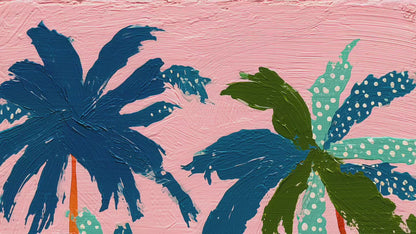 Tropical Beach Print – Retro Palm Tree Wall Art Coastal Decor Pink Sunset Vintage Summer Vacation Nautical Ocean Art