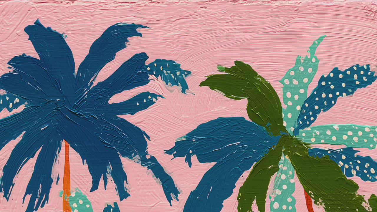Tropical Beach Print – Retro Palm Tree Wall Art Coastal Decor Pink Sunset Vintage Summer Vacation Nautical Ocean Art