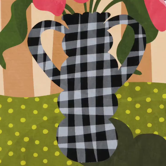 Gingham Vase and Flowers Print – Chateaucore Wall Art – French Vintage Decor – Playful Maximalist Poster, French Countryside Apartment Decor