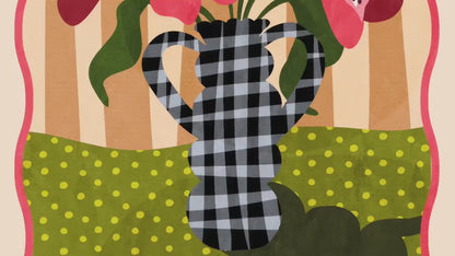 Gingham Vase and Flowers Print – Chateaucore Wall Art – French Vintage Decor – Playful Maximalist Poster, French Countryside Apartment Decor