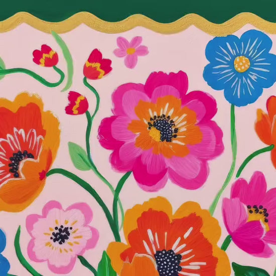 Floral Wall Art – Bold Folk Art Flower Print with Dark Green Border – Colorful Botanical Home Decor