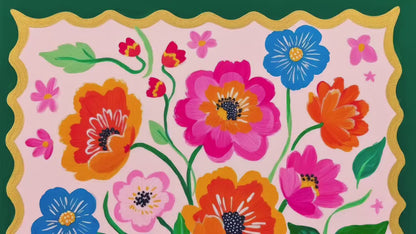 Floral Wall Art – Bold Folk Art Flower Print with Dark Green Border – Colorful Botanical Home Decor