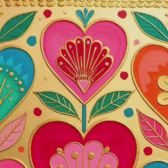 Gold Boho Scandi Hearts Print – Colorful Scandinavian Folk Art Wall Decor