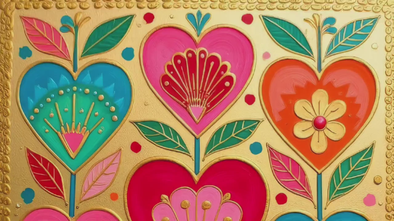 Gold Boho Scandi Hearts Print – Colorful Scandinavian Folk Art Wall Decor