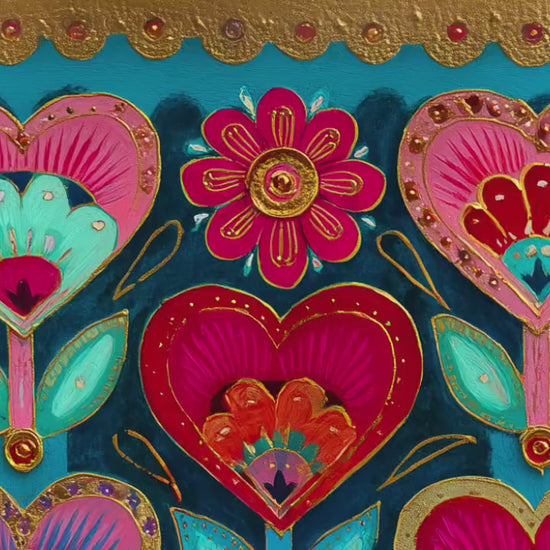 Colorful Heart Flower Wall Art – Pink and Teal Folk Floral Print, ScandinavianMaximalist Home Decor, Whimsical Boho Bedroom Artwork