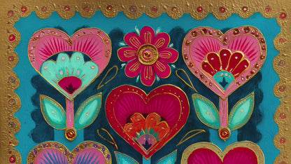 Colorful Heart Flower Wall Art – Pink and Teal Folk Floral Print, ScandinavianMaximalist Home Decor, Whimsical Boho Bedroom Artwork