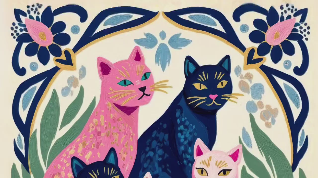 Colorful Cat Art Print | Whimsical Feline Wall Art | Pink & Blue Cat Poster | Gift for Cat Lovers | Modern Maximalist Decor