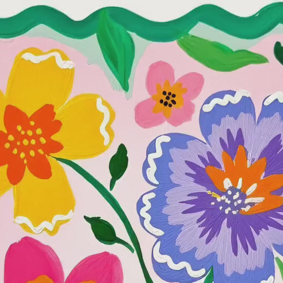 Colorful Floral Wall Art – Vibrant Pink and Green Folk Art Flower Print – Cottagecore Botanical Home Decor