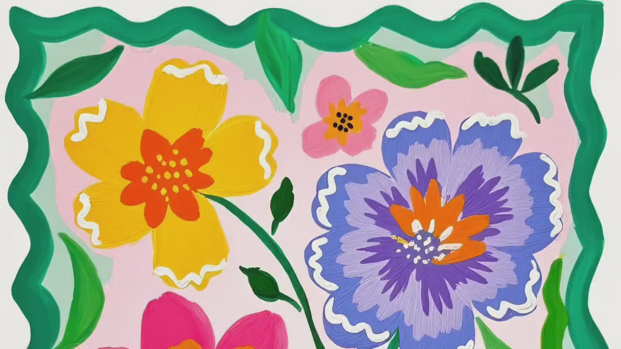 Colorful Floral Wall Art – Vibrant Pink and Green Folk Art Flower Print – Cottagecore Botanical Home Decor