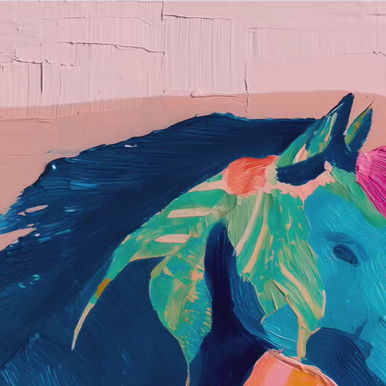 Pink Horizontal Horse Print – Modern Western Decor Pastel Floral Folk Art Blue Wall Decor