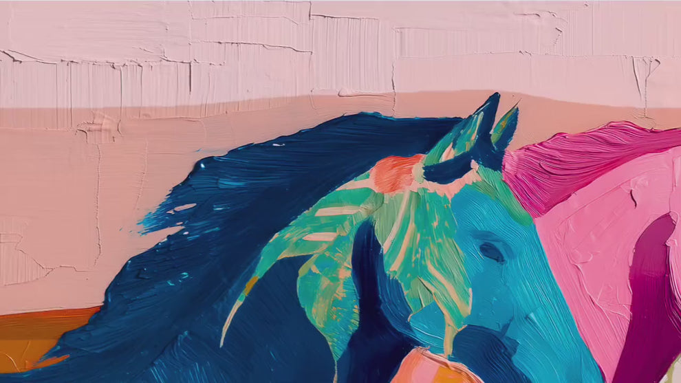 Pink Horizontal Horse Print – Modern Western Decor Pastel Floral Folk Art Blue Wall Decor