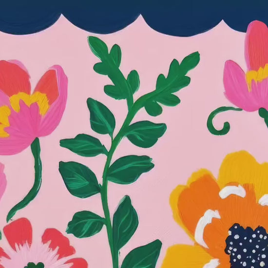 Pink and Navy Floral Wall Art – Navy Folk Art Print with Pink Flowers – Whimsical Botanical Home Decor