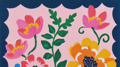 Pink and Navy Floral Wall Art – Navy Folk Art Print with Pink Flowers – Whimsical Botanical Home Decor