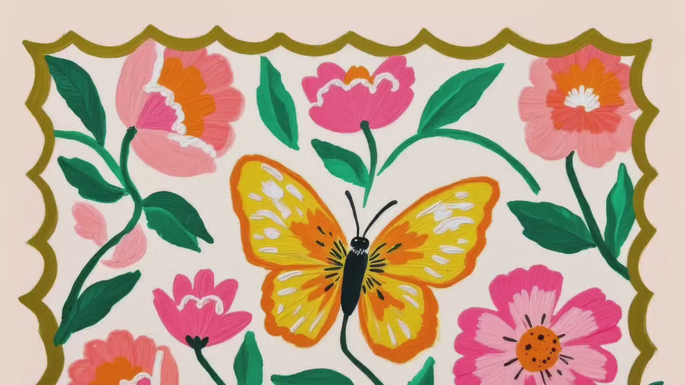 Horizontal Butterfly Wall Art – Yellow and Pink Floral Print – Whimsical Cottagecore Home Decor