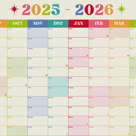 Vertical Wall Planner – Retro Brights Mid Year Calendar 2025–2026 – July Start Academic Year – Colorful Dorm & Classroom Wall Art