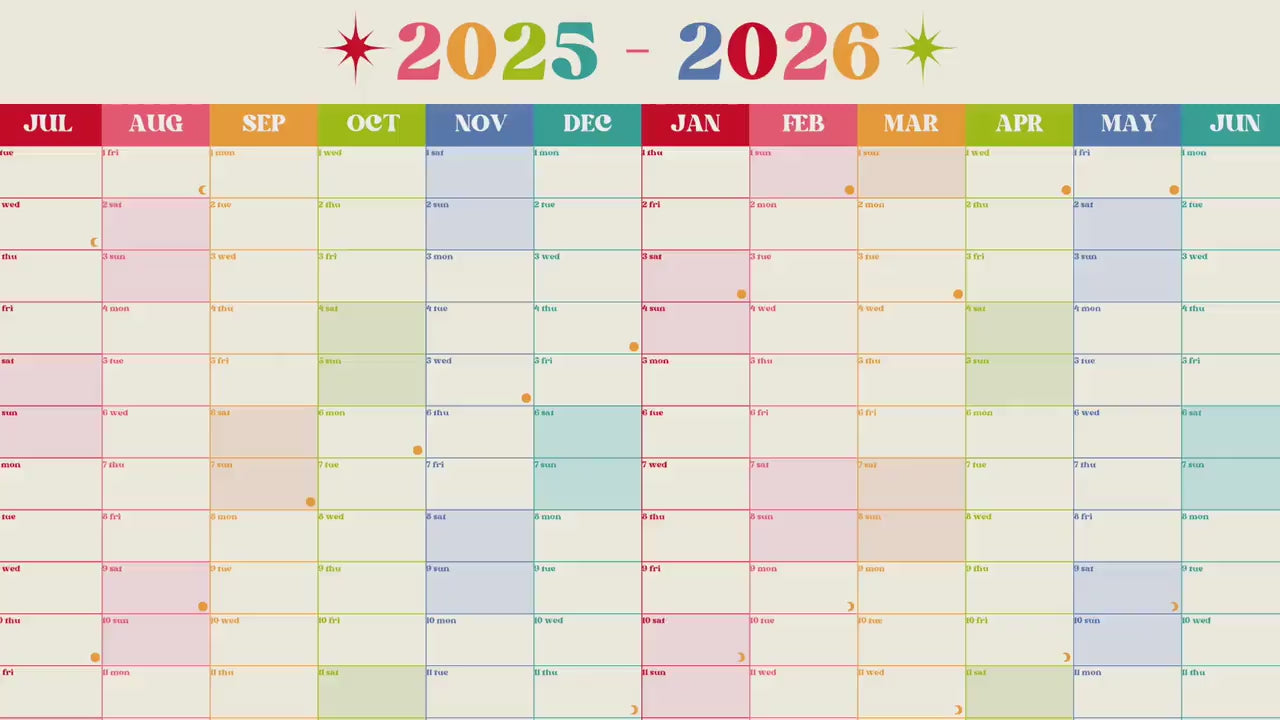 Vertical Wall Planner – Retro Brights Mid Year Calendar 2025–2026 – July Start Academic Year – Colorful Dorm & Classroom Wall Art