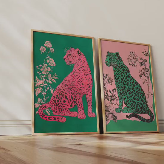 Emerald Leopard and Pink Leopard Art Set of Two Prints