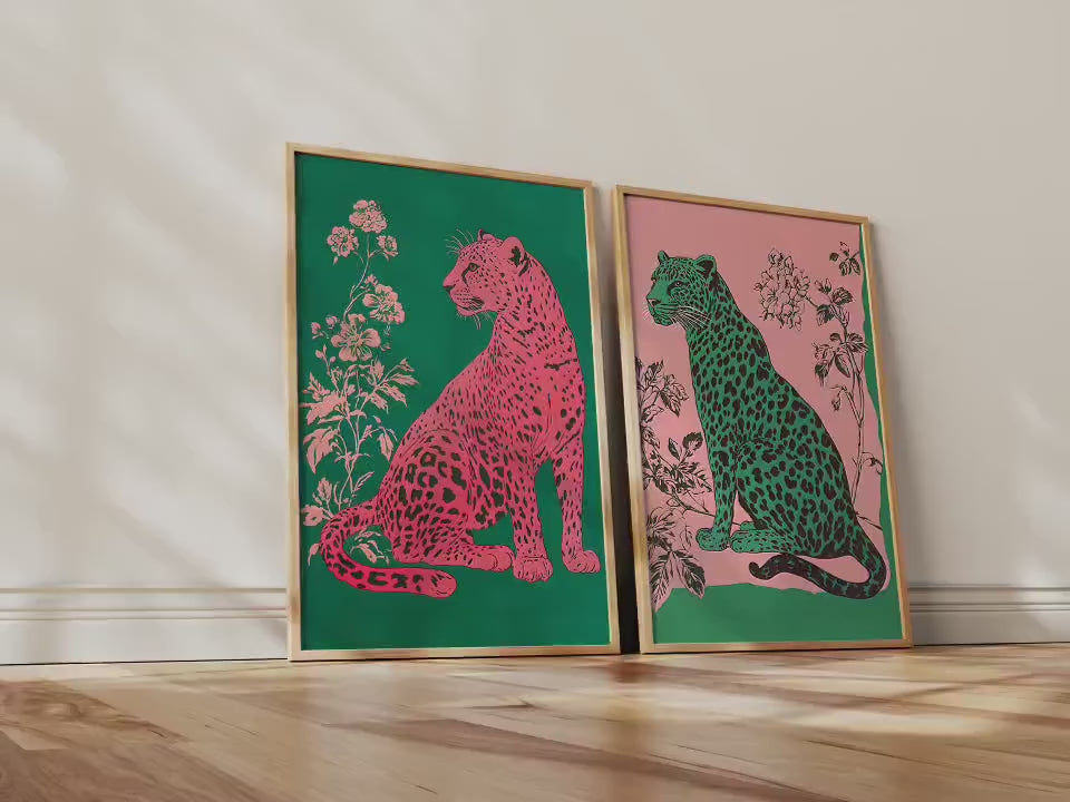 Emerald Leopard and Pink Leopard Art Set of Two Prints