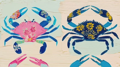 Colorful Crab Art Print – Maximalist Folk Art Coastal Bathroom Decor