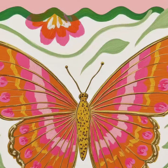Butterfly Wall Art – Pink and Orange Folk Art Print – Whimsical Botanical Home Decor Horizontal Wall Art