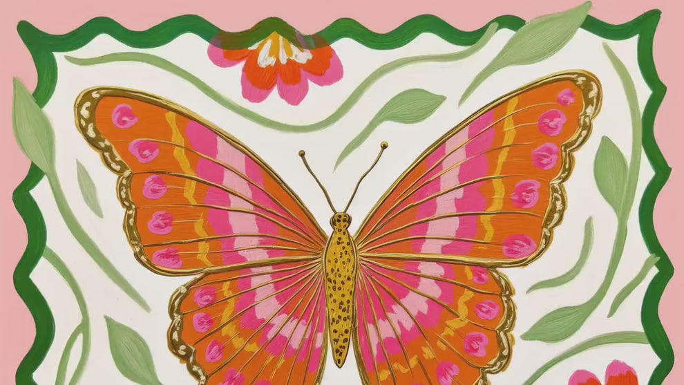 Butterfly Wall Art – Pink and Orange Folk Art Print – Whimsical Botanical Home Decor Horizontal Wall Art
