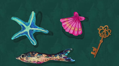 Cabinet of Sea Curiosities – Dark Coastal Decor Print, Surreal Mermaidcore Wall Art, Vintage Shell & Fish Illustration, Maximalist Ocean