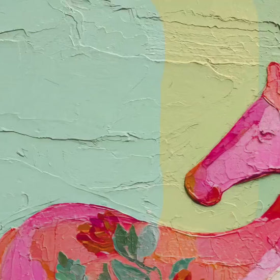 Horizontal Horse Print – Mid Century Horses Pink Green Floral Folk Art Wall Decor