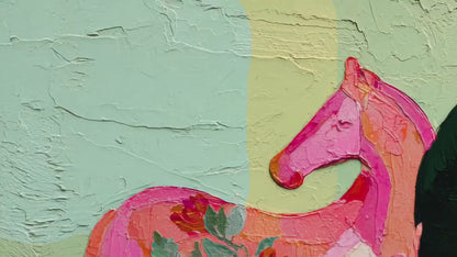 Horizontal Horse Print – Mid Century Horses Pink Green Floral Folk Art Wall Decor