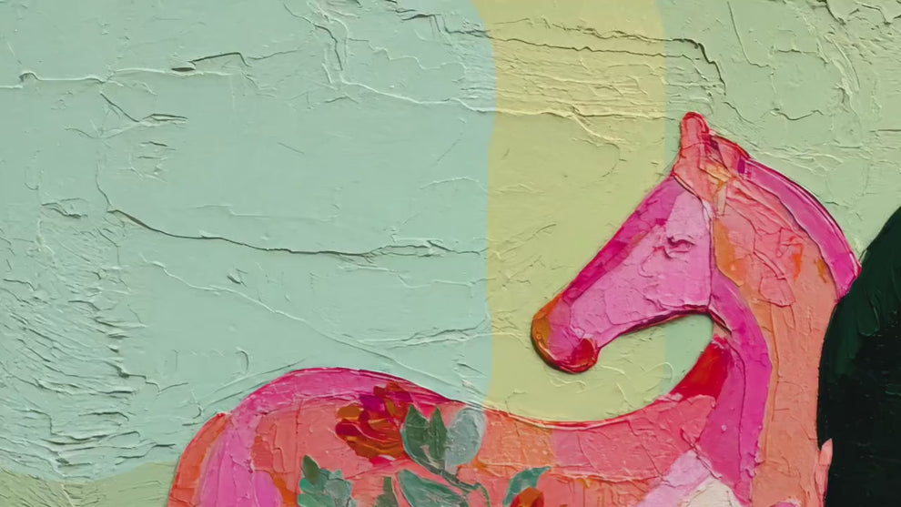 Horizontal Horse Print – Mid Century Horses Pink Green Floral Folk Art Wall Decor